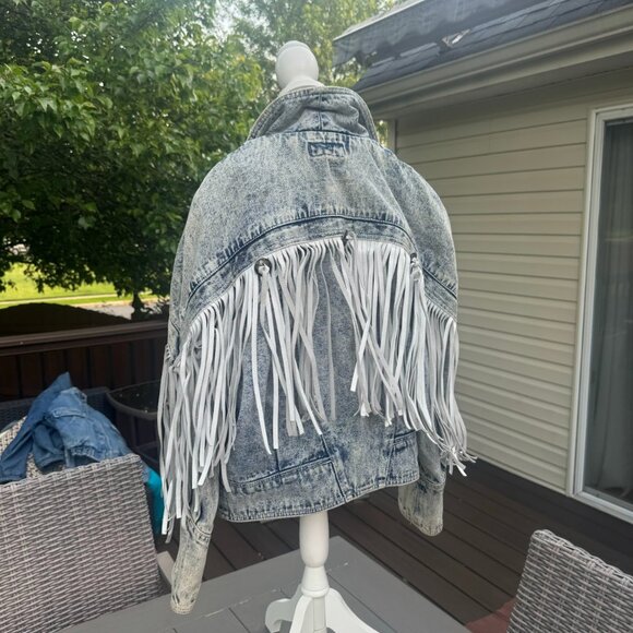 acid wash denim jacket with statement white fringe detailing on both arms and ac - Picture 5 of 6